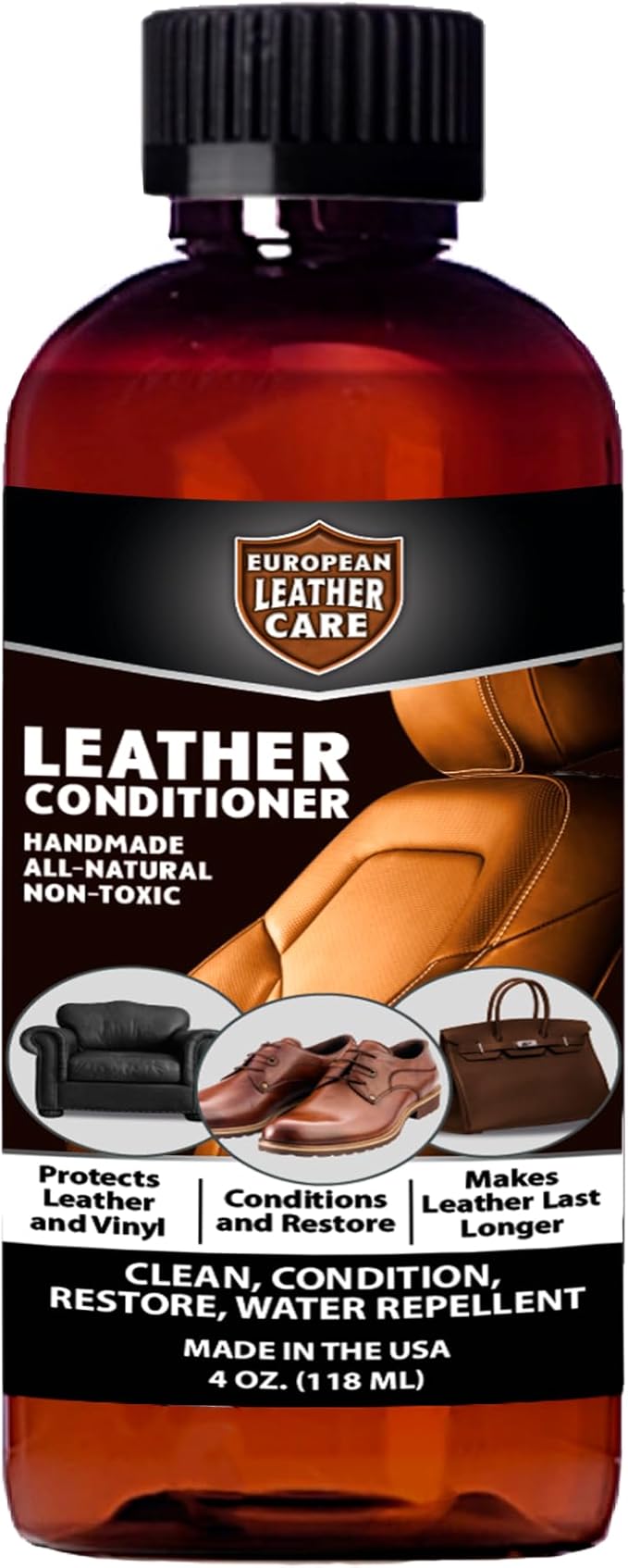 European Leather Care Leather 4 oz Conditioner for Leather Couch, Furniture, Shoe, Leather Jacket, Purse, Boot Cleaner, Leather Conditioner Car Leather Cleaner Leather Repair Restorer All Natural USA