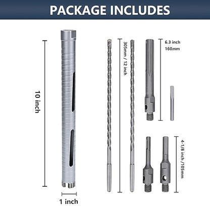 1 inch Diamond Dry Core Drill Bit, 10" Drilling Depth, 5/8"-11 Thread Core Drill Bit for Concrete Masonry Brick Block, Includes 3 Adapters SDS Plus, SDS Max and Hex (1 inch)
