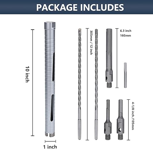 1 inch Diamond Dry Core Drill Bit, 10" Drilling Depth, 5/8"-11 Thread Core Drill Bit for Concrete Masonry Brick Block, Includes 3 Adapters SDS Plus, SDS Max and Hex (1 inch)