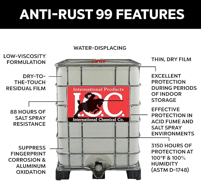 International Chemical Company Anti-Rust 99 High-Performance Evaporative Solvent Rust and Corrosion Preventative; MIL C 16173 D Grade 3; 275 Gallons