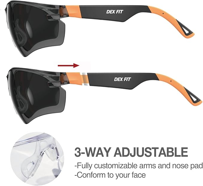 DEX FIT Safety Sunglasses SG210, Z87 Eye Protection, Anti-Fog & Scratch Resistant, Adjustable for Women and Men, UV Protection (Black & Blue Frame, Tinted Lens)