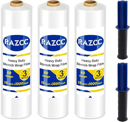 Stretch Film, RAZCC Stretch Wrap Industrial Strength, Shrink Wrap for Pallet Wrap, Heavy Duty Clear Plastic Wrap with Handles, Moving Wrapping Plastic Roll, 15" x 1000 Ft Per Roll, 60 Gauge, 3 Pack
