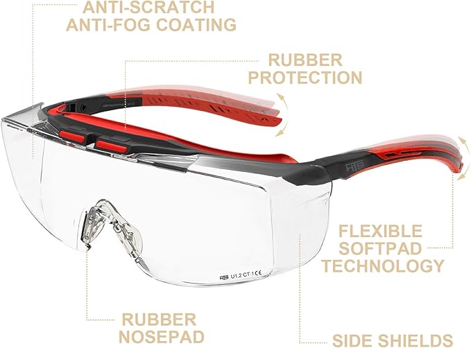 HTS HUNTERSKY HUNTERSKY ANSI Z87 Anti Fog Lab Safety Glasses Fit Over Eyeglasses Up to 1.88 inch 100% UV Protective Goggles