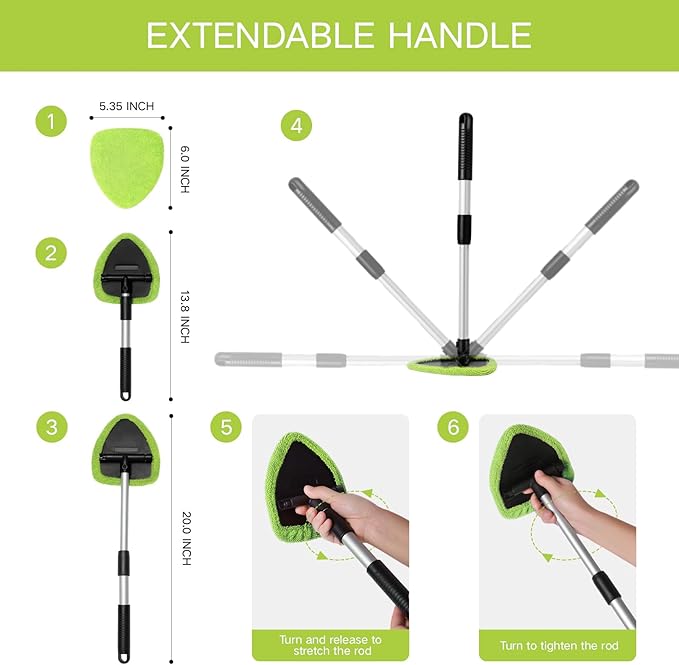 Qydipclin 10pcs Windshield Cleaning Tool Inside Car Window Cleaner Wash Kit with 4 Reusable Microfiber Pads 1 Spray Bottle and Extendable Handle Interior Auto Glass Wiper Kit, Green