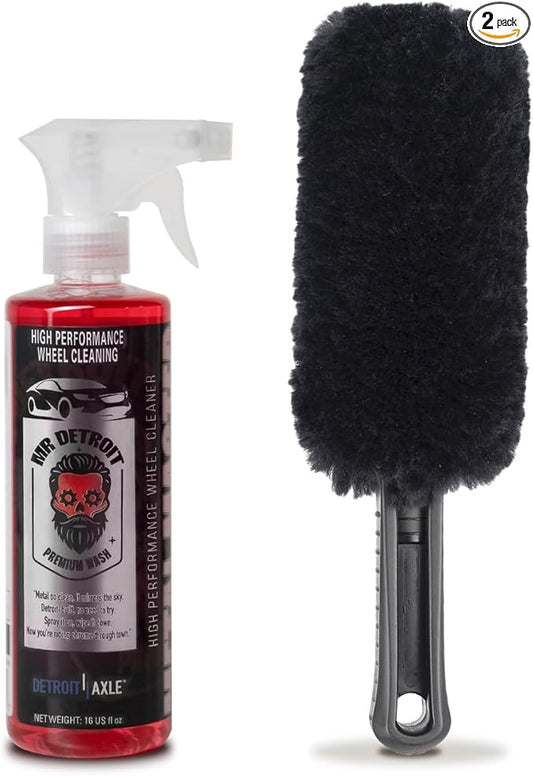 Mr. Detroit - 2pc Car Wash Kit Gerbil Wheel and Rim Brush with High Performance Cleaner 16 fl oz for Wheel & Tire, Non-Scratch Deep Cleaning Brush for Vehicle Detailing & Home Use