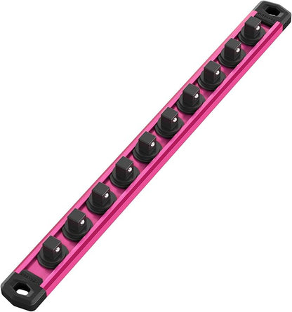 WORKPRO Magnetic Socket Organizer, 3/8-Inch Drive Aluminum Alloy Socket Rail, Heavy Duty Socket Holder, Socket Rack Kit 3/8-Inch x 10 Clips Rose Red (Socket not Included)
