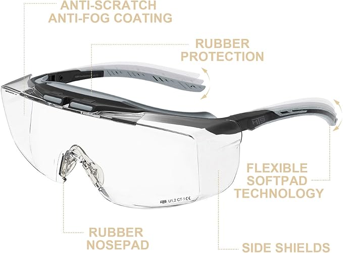 HTS HUNTERSKY HUNTERSKY ANSI Z87 Anti Fog Lab Safety Glasses Fit Over Eyeglasses Up to 1.88 inch 100% UV Protective Goggles
