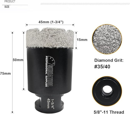SHDIATOOL 1-3/4 Inch Diamond Core Drill Bit for Porcelain, Ceramic Tile, Marble, Brick – Vacuum Brazed Hole Saw, 45mm, 5/8-11 Thread, Wet/Dry Drilling