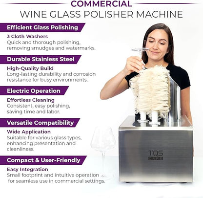Commercial Wine Glass Polisher Machine - Electric Glass Polishing Machine with 3 Cloth Polishers - Stainless Steel Glass Polisher for Wineries, Bars, and Restaurants and More