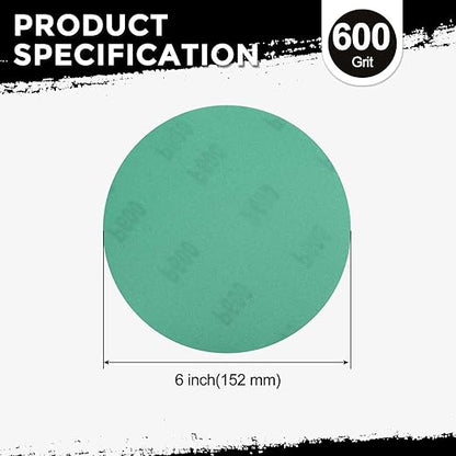 Kozelo 50 Pcs Sanding Discs 6 Inch 600 Grit Hook and Loop Orbital Sandpaper Suitable for Metal Wood Furniture DIY Grinding and Polishing, Green