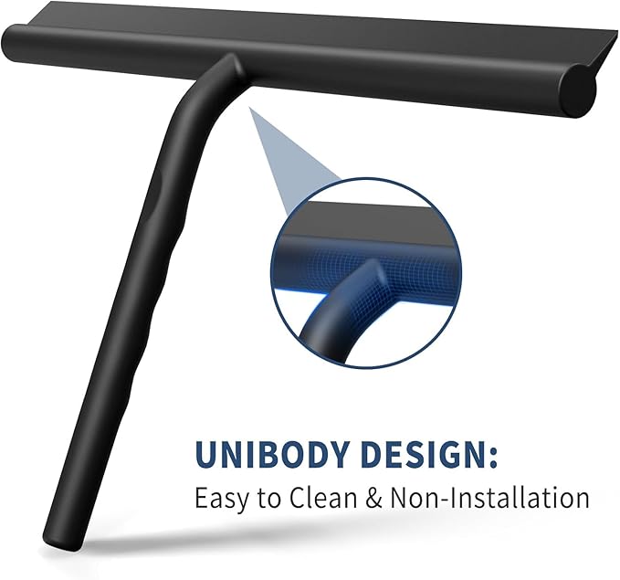 ecooe Silicone Shower Squeegee with Hanger, 13″/33cm Shower Glass Cleaner Wiper, Black Window Squeegee Scraper with Stainless Steel Core for Home Bathroom Kitchen Car Glass Doors