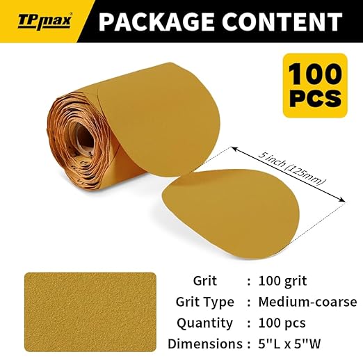 100PCS 5 Inch PSA Sanding Discs 100 Grit | Self-Adhesive Sandpaper Roll for DA Sanders, Orbital Sander | Gold Aluminum Oxide Sticky Back Abrasive Discs for Automotive, Woodworking, and Metal Polishing