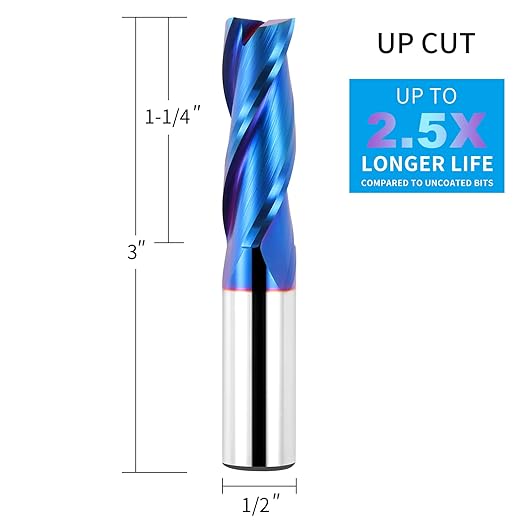 EANOSIC Upcut Spiral Router Bit 3-Flute with 1/2” Shank, 1/2” Cutting Diameter, 1-1/4” Cutting Length, Carbide CNC Router Bits End Mill for Wood Mortises Carving Engraving(3 Inch OVL)