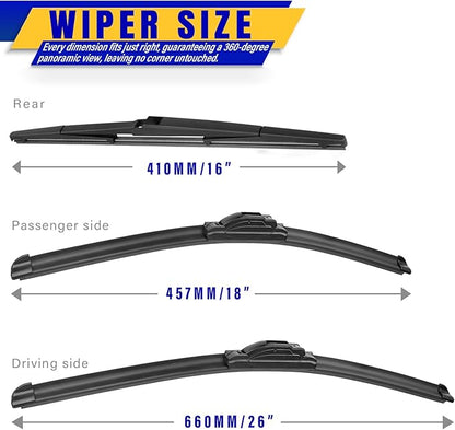 3 wipers Replacement for Toyota Prius 2004-2009, Windshield Wiper Blades Original Equipment Replacement - 26"/18"/16" (Set of 3) U/J Hook