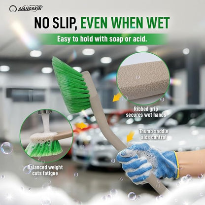 Nanoskin Professional 20-Inch Angled Tire & Wheel Cleaning Brush - Durable Green Polystyrene Bristles for Effective Auto Detailing, Gentle Car Wash Tool | Long-Handled Scrub Brush for Trucks and RVs