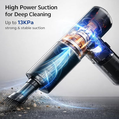 Handheld Vacuum Cordless with High Power Suction, Car Vacuum Portable Cordless, 3-Speed Control Mini Car Vacuum Cleaner for Car, Home & Office, USB-C Rechargeable, Transparent Black – D120