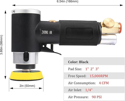 ZHONG AN 1'' 2'' 3'' Mini Orbital Sander da sander Air Dual Action Sander High Speed Pneumatic Mini Sanders Includes 18Pcs 1/2/3in Polishing Sponge & Wool Pads, 30Pcs Sandpapers (BLACK)