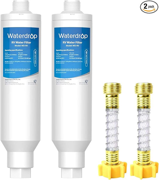Waterdrop RV Water Filter, NSF Certified, Reduces Chlorine, Bad Taste, Odor, 2 Pack, Flexible Hose Protector