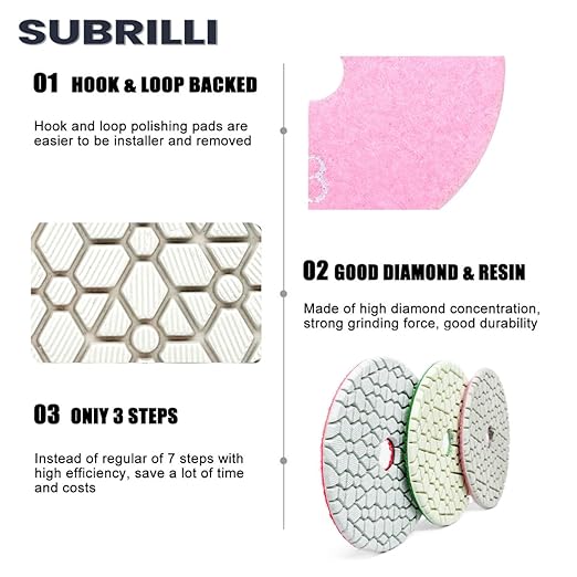 3 Step Diamond Polishing Pads 9-Pcs Step 1 Abrasive Disc for Granite Quartz Marble Concrete Terrazzo