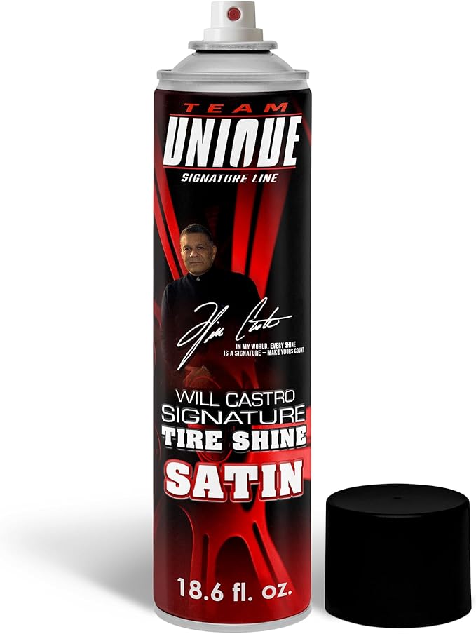TEAM UNIQUE Tire Shine Satin – 18.6 Fl Oz (550mL) | Advanced Formula for a Lasting Satin Sheen | Protects Tires from Cracking and Fading | Low-Sling Spray for Easy Application on All Tire Types