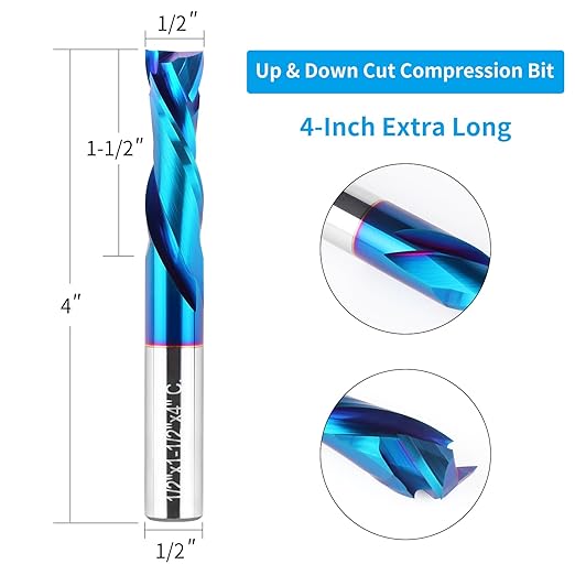EANOSIC 2PCS Spiral Router Bits Up Down Compression Bit 1/2" Cutting Diameter with Nano Blue Coated, 1/2" Shank Solid Carbide CNC End Mill for Wood Carving Engraver Milling Cutters (Extra Long 4”)