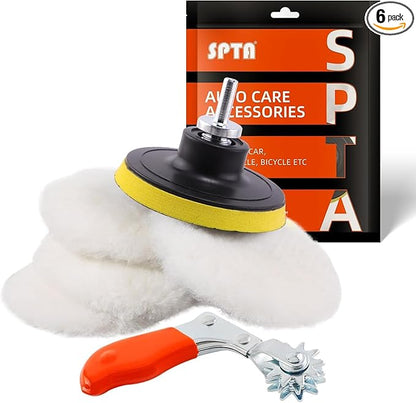 Wool Buffing Polishing Pad, SPTA 3 Inch (75mm) Lambwool Wool Buffing polishing Pads With Pad Clean Tool, 6 Pcs Kit with Hook & Loop 5/8"-11 Thread Drill Adapter for Car Polishing and Buffing QA0798SET