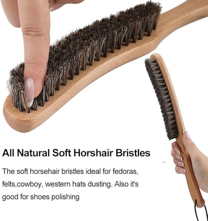 Hat Brush Combo Kit - Horsehair Felt Hat Brush Clean Cowboy Hat, Fedora Hat & Baseball Cap, Boar Bristle Lint Brush Remove Pet Hair Dust for Suits, Suede, Clothes & Furniture, Beech Handle - 2 Pack