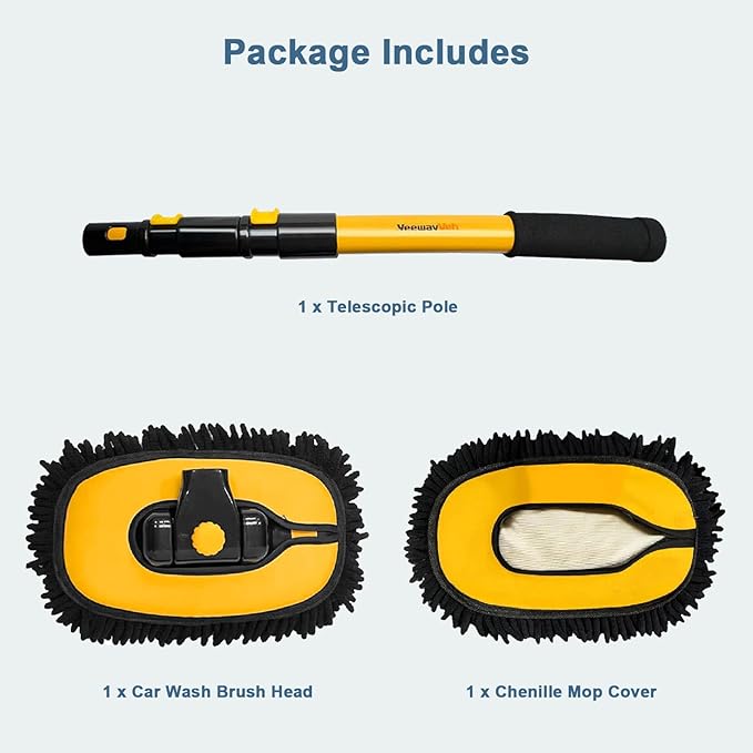 YeewayVeh Car Wash Brush with Long Handle, Microfiber Car Wash Mop with Replaceable Chenille Brush Head, Soft Cleaning Brush with 15° Curved Extension Pole Car Wash Kit for RV Truck Camper, YELLOW