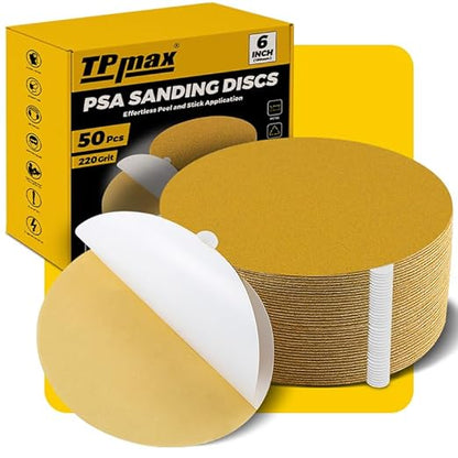 6-Inch 220-Grit Gold PSA Sanding Discs, 50 Pack – Pro-Grade Self-Adhesive Stickyback Sandpaper with Quick-Release Tabs for DA Sander, Fine Automotive/Wood/Metal Sanding