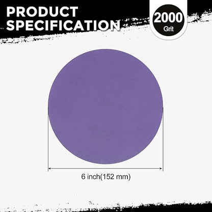 Kozelo 50 Pcs Sanding Discs 6 Inch 2000 Grit Hook and Loop Random Orbital Sandpapers Suitable for Drywall Sander Wood Metal Furniture, Purple