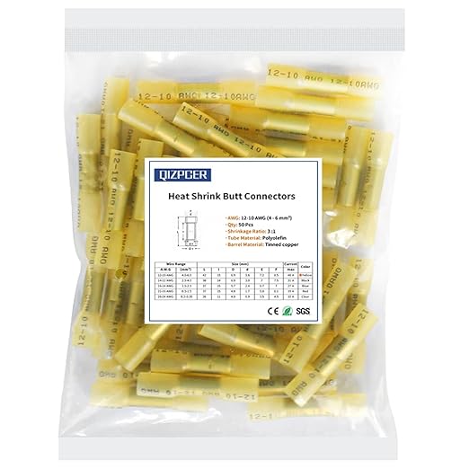 Heat Shrink Butt Connectors, 12-10 AWG 50 Pcs Yellow Waterproof Crimp Terminals Electrical Wire Connectors Splice for Marine, Cable, Wiring