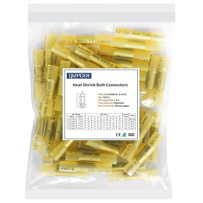 Heat Shrink Butt Connectors, 12-10 AWG 50 Pcs Yellow Waterproof Crimp Terminals Electrical Wire Connectors Splice for Marine, Cable, Wiring