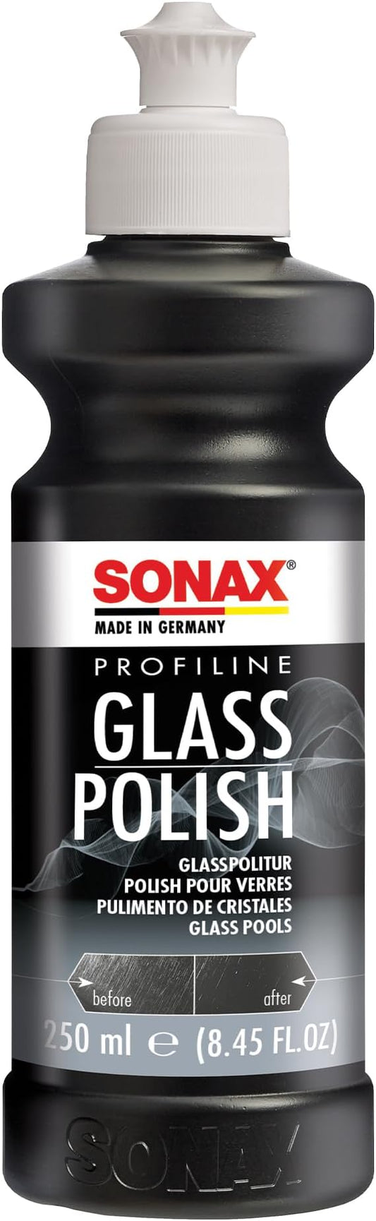 SONAX PROFILINE GlassPolish (250 ml) - removes slight scratches, blinding and etching from car windows made from glass. Silicone free | Item No. 02731410