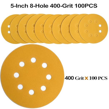 Aiyard 5-Inch 8-Hole Hook and Loop Sanding Discs 400-Grit Random Orbit Sandpaper, 100-Pack