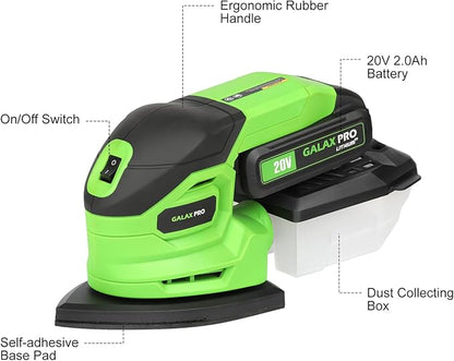GALAX PRO Cordless Sander,2.0A Battery,12000 RPM Powerful Speed Detail Sanders with 20Pcs Sandpapers, Electric Mouse Sander for Tight Spaces Sanding in Home Decoration with Dust Box
