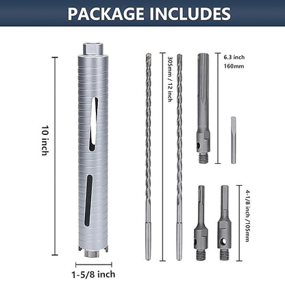 1-5/8 inch Diamond Dry Core Drill Bit, 10" Drilling Depth, 5/8"-11 Thread Core Drill Bit for Concrete Masonry Brick Block, Includes 3 Adapters SDS Plus, SDS Max and Hex (1-5/8 inch)