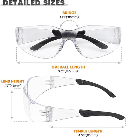 SATTRON Clear Safety Glasses 24PK, Protective Eyewear Polycarbonate Lens with Rubber Temples ANSI Z87.1 Anti-Scratch Impact Resistant Eye Protection for Work, Lab, Construction Clear Lens/Black Frame
