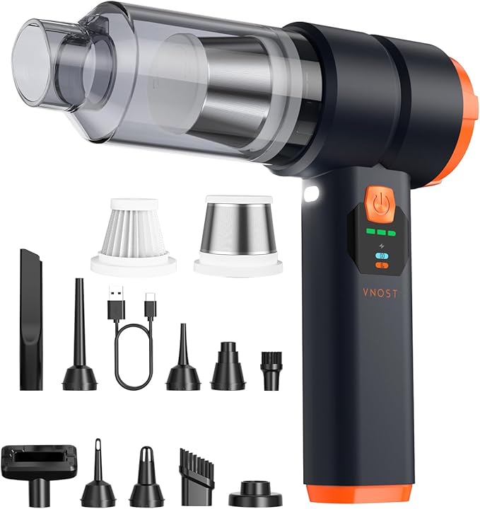 VNOST Portable Cordless Car Vacuum, Handheld Cordless Vacuum with 30,000Pa Suction, 130,000 RPM, 6,800mAh Battery, 10 Nozzles, Rubber Paint Material for Car, Home(Charcoal Black)