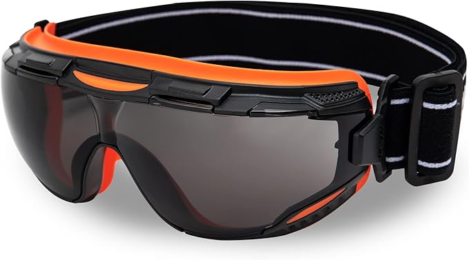 DEX FIT Protective Safety Goggles SG220; Anti Fog & Scratch, Z87 Eye Protection for Work, Adjustable for Women and Men, (Black & Orange Frame, Tinted Lens, 30cm Strap)