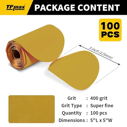 100PCS 5 Inch PSA Sanding Discs 400 Grit | Self-Adhesive Sandpaper Roll for DA Sanders, Orbital Sander | Gold Aluminum Oxide Sticky Back Abrasive Discs for Automotive, Woodworking, and Metal Polishing