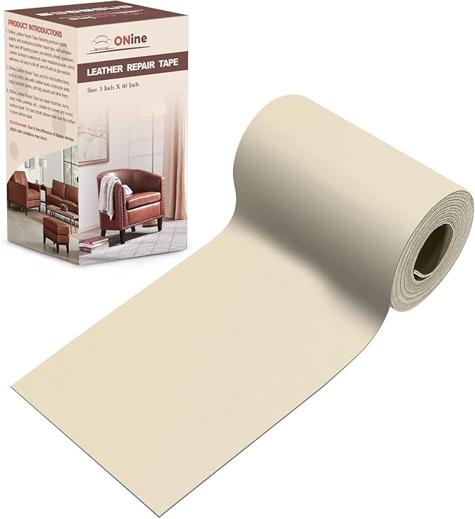 ONine Leather Repair Patch,Leather Repair Tape, 3 x 60 inches Leather Repair Patch for Furniture,Sofas,Office Chair,car Seats,Vinyl Repair Kit(White Khaki)