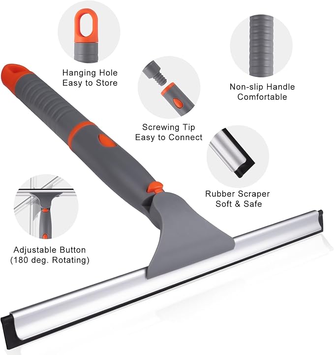 All Purpose 12 inch Shower Squeegee with 2pcs Rubber Wiper Blade BITOPE Window Squeegee Soft Safe to Clean Shower Door Bathroom Car Windshield Glass Mirrors