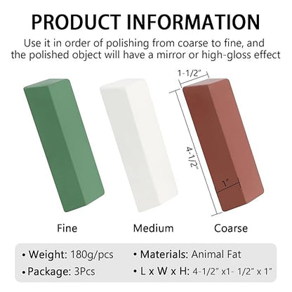 QZATTCAEN Buffing Polishing Cutting Compounds 20 Oz.Kit-Green Fine/White Medium/Red Coarse,for Stainless Steel Aluminum Jewelry - 3 Pcs