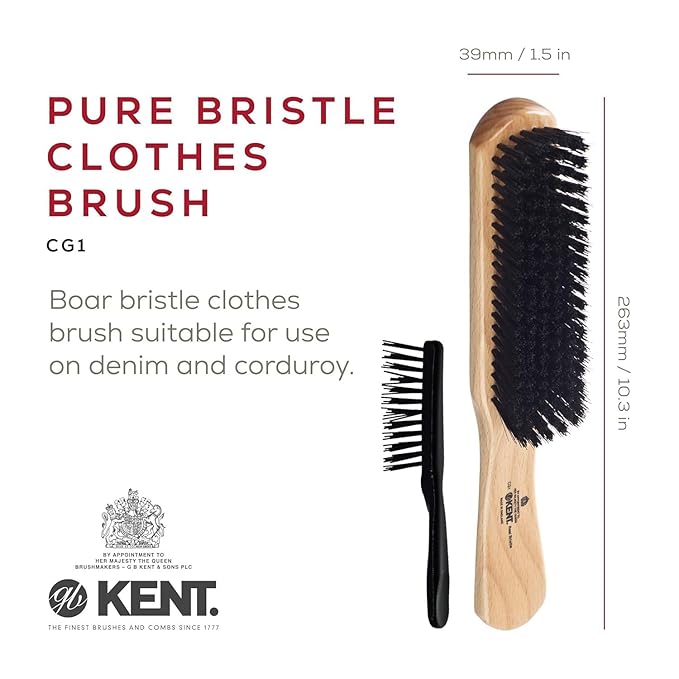 Kent CG1 Clothes Brush Cherrywood 100% Natural Black Bristle and Lint Remover Especially for Jeans or Corduroy Garments for Keeping Fabrics Free from Fibres, Fluff and Pet Hair. Made in England