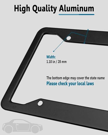 Black License Plate Frames- 2 Pack Aluminum Front & Rear Auto Car Tag Holder, Heavy Duty Bracket with Mount Hardware, Screws Caps, Rattle Proof Pads (Black