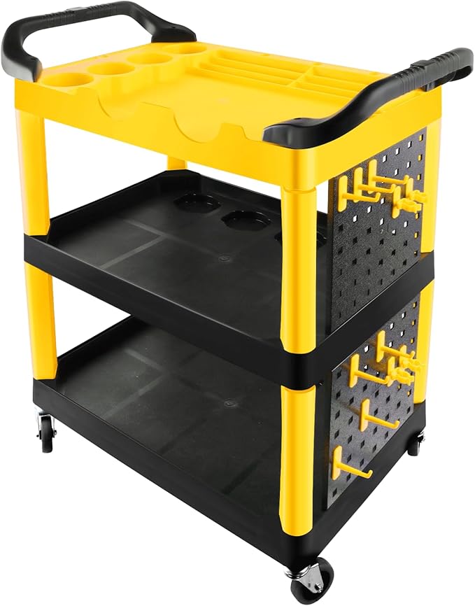 Auto Detailing Cart with Wheels, 3 Tier Car Detailing Cart with Hanging Boards & Hooks, Car Wash Organizer for Garage Workshop DIY Home
