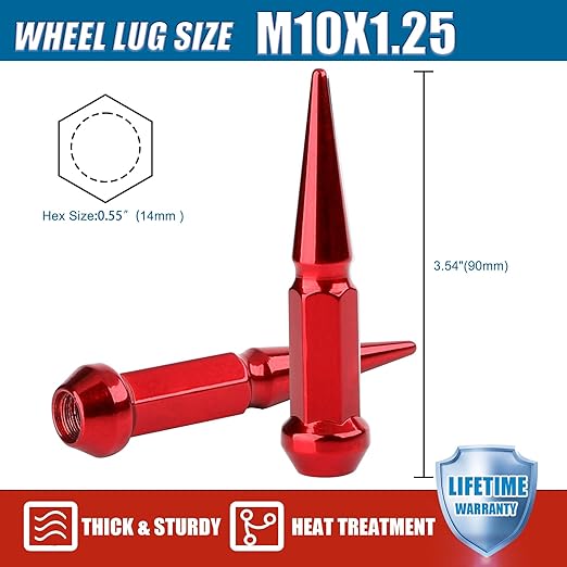 JiiinMiiin M10x1.25 Long Steel Spike Lug Nuts, Thread Pitch 10x1.25, Set of 16 ATV Wheel Nuts with A Socket. [Red]