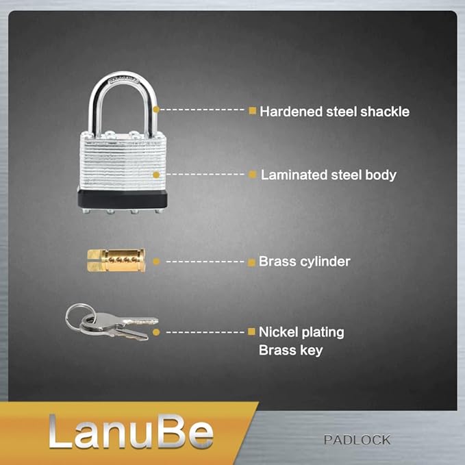 LanuBe Lock Laminated keyed Padlock (1-9/16", 40mm), keyed Alike Locks, Normal Shackle,Marked Black Plastic Hoop, Pack of 12…