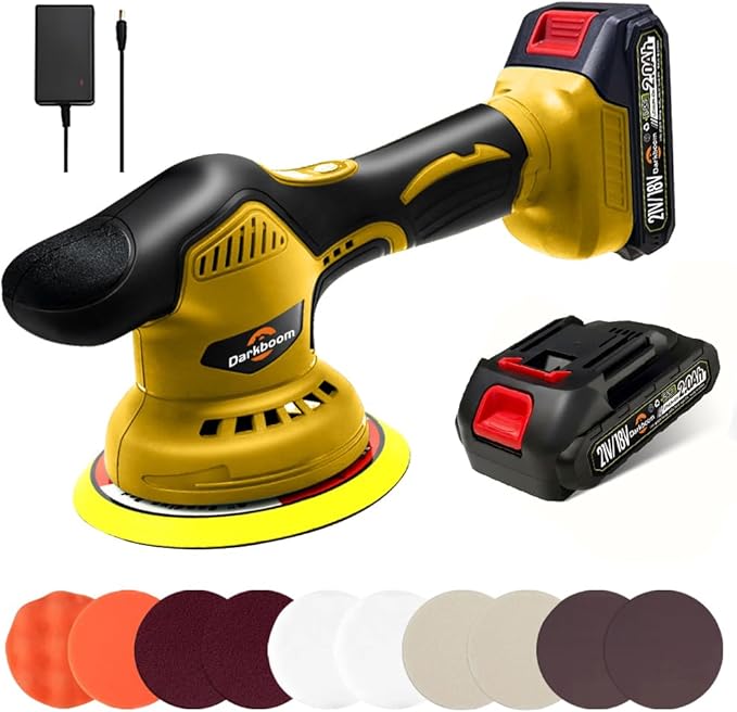 Darkboom Cordless Buffer Polisher 6 inch with 2Pcs 2.0Ah Rechargeable Batteries Compatible with Makita,and 1 Adapter Charger, 6 variable speed 5500RPM cordless sander, for Car Detailing/Polishing