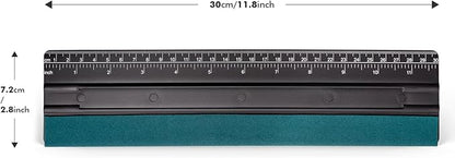 FOSHIO 12 Inch Felt Squeegee for Vinyl Built-in 30CM Ruler 4 Round Corners Universal Card Tint Squeegee with Suede Felt Edge, Window Tint Film Installing Hard Black PP Car Vinyl Wrap Scraper Tool